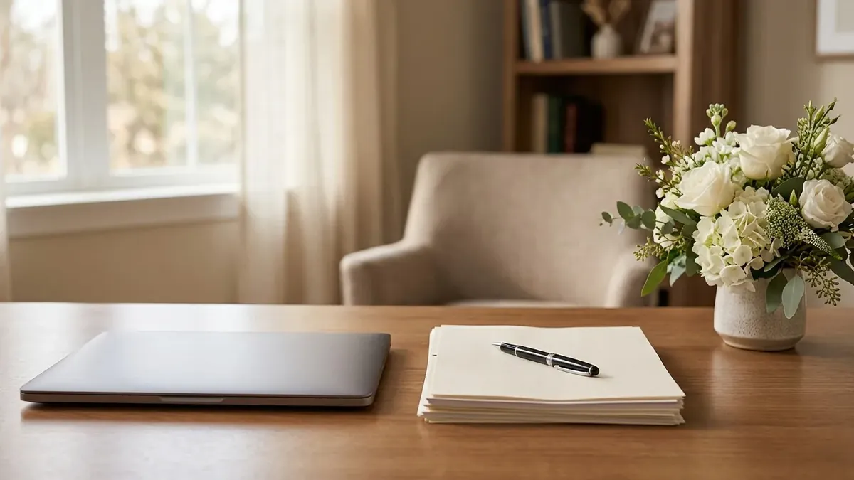 Un escritorio con un portátil cerrado, documentos y flores blancas