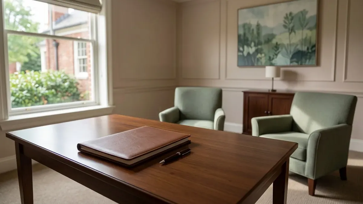 Una sala de reuniones con una mesa de madera y dos sillones verdes