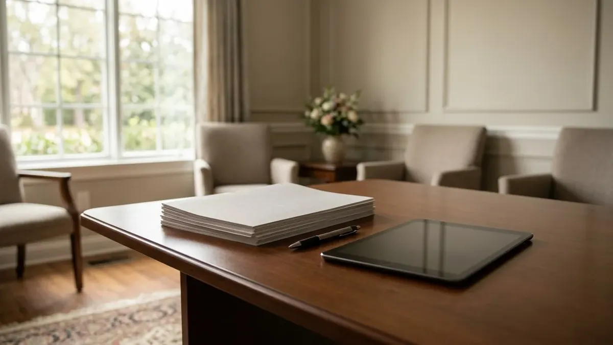 Una mesa de arreglos preparada con documentos y una tableta