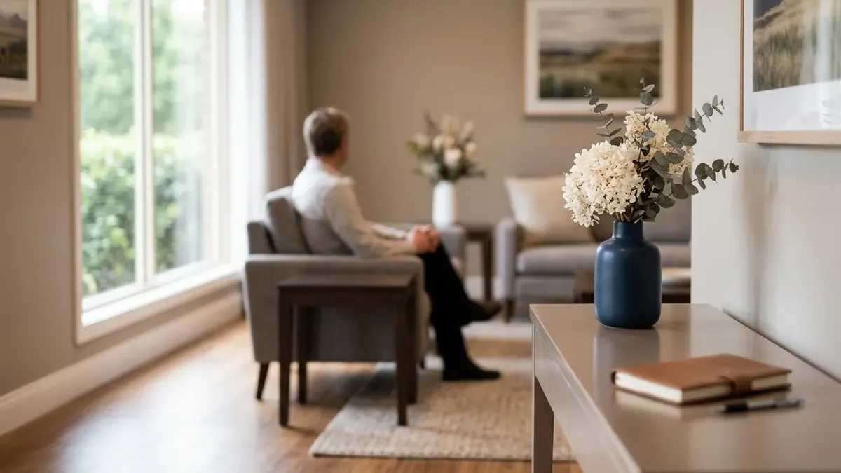 A family member waiting quietly in a sunlit room with flowers