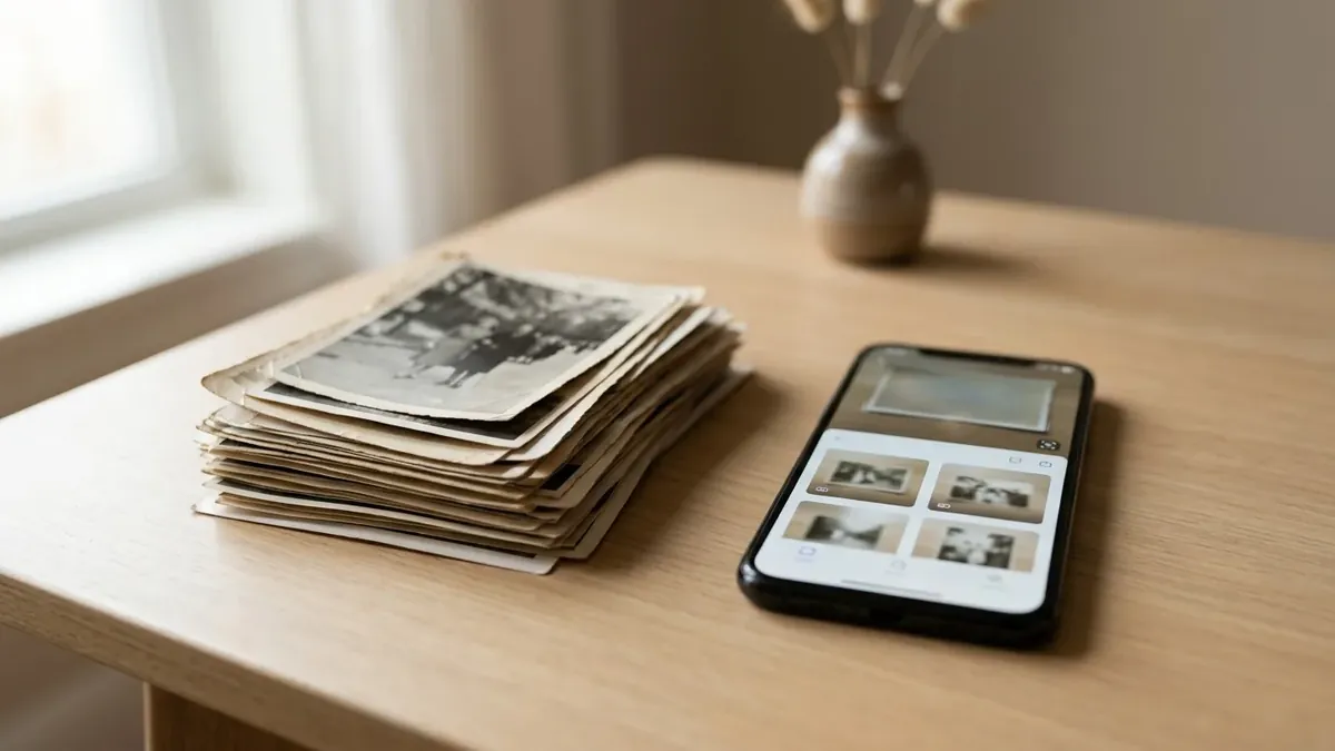 Old family photographs beside a phone showing the same pictures